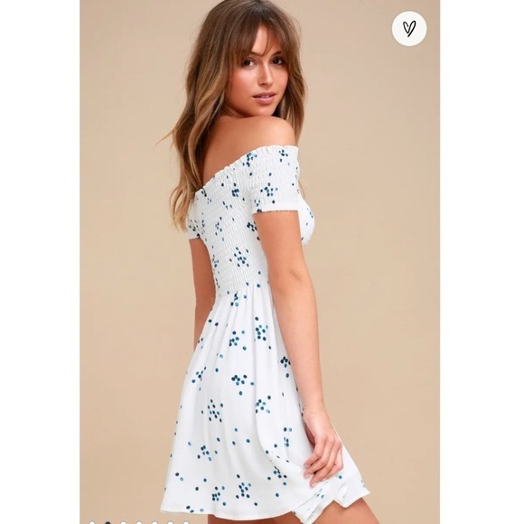Lulus Dresses & Skirts - Lulu's White and Blue Printed Off-the-Shoulder Dress Polka Dot Sundress XS